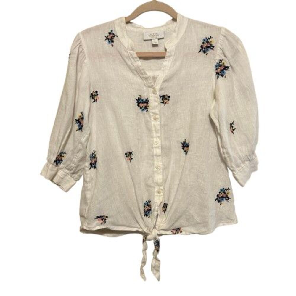 Charter Club Embroidered Floral Linen Tie Front Top Womens Small White Cottage